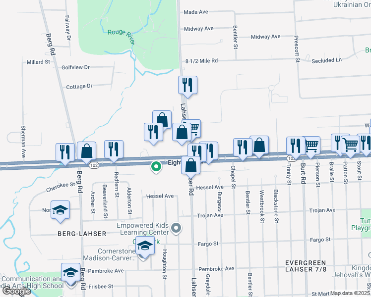 map of restaurants, bars, coffee shops, grocery stores, and more near 22000 Eight Mile Road in Southfield