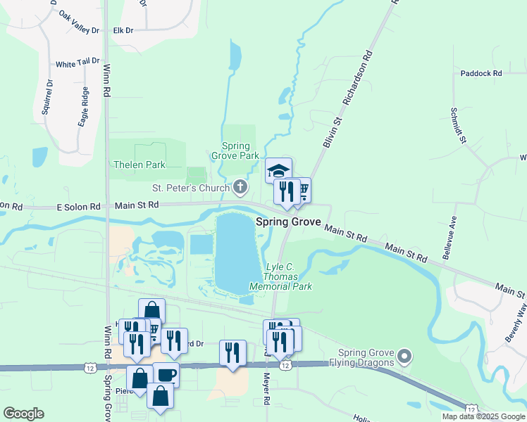 map of restaurants, bars, coffee shops, grocery stores, and more near 2021 Main Street in Spring Grove
