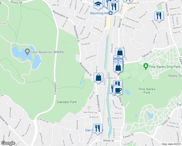 map of restaurants, bars, coffee shops, grocery stores, and more near 125 Washington Street in Melrose