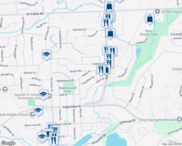 map of restaurants, bars, coffee shops, grocery stores, and more near 576 Reed Street in Northville