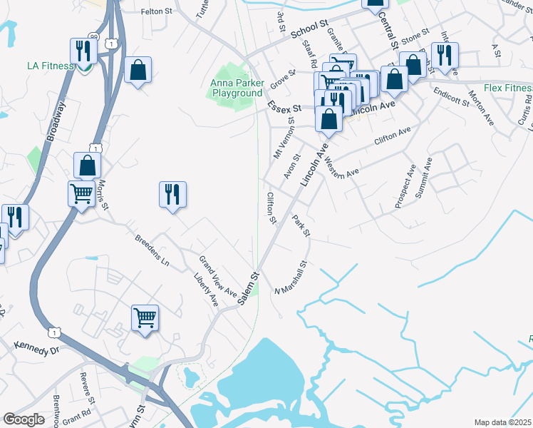 map of restaurants, bars, coffee shops, grocery stores, and more near 21 Clifton Street in Revere