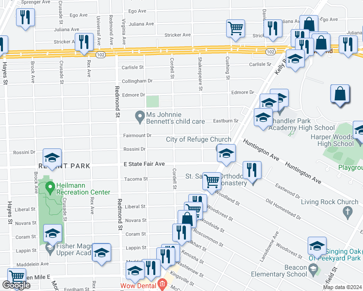 map of restaurants, bars, coffee shops, grocery stores, and more near 16429 Rossini Drive in Detroit