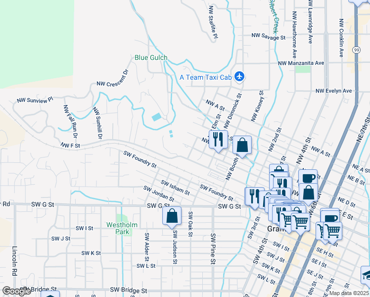 map of restaurants, bars, coffee shops, grocery stores, and more near 1109 Northwest E Street in Grants Pass
