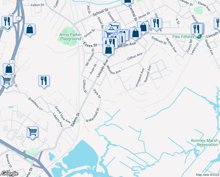map of restaurants, bars, coffee shops, grocery stores, and more near 29R Fairview Avenue in Saugus