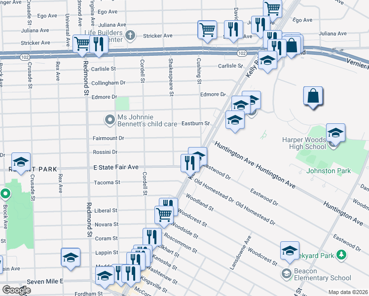 map of restaurants, bars, coffee shops, grocery stores, and more near 16695 Rossini Drive in Detroit
