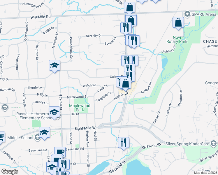 map of restaurants, bars, coffee shops, grocery stores, and more near 576 Reed Street in Northville