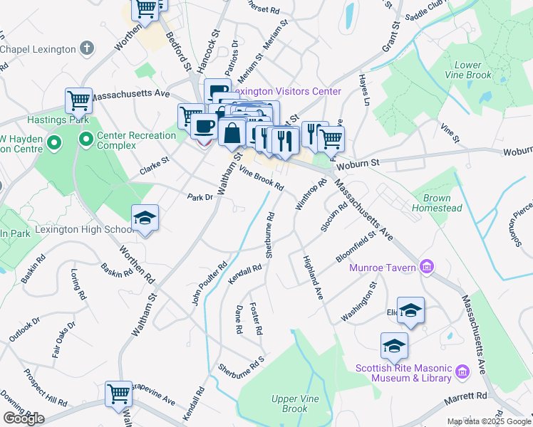 map of restaurants, bars, coffee shops, grocery stores, and more near 9 Sherburne Road in Lexington
