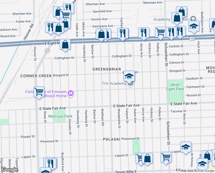 map of restaurants, bars, coffee shops, grocery stores, and more near 20010 Waltham Street in Detroit