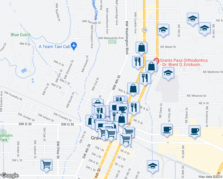 map of restaurants, bars, coffee shops, grocery stores, and more near 610A Northwest 4th Street in Grants Pass