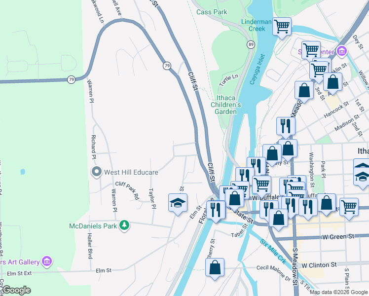 map of restaurants, bars, coffee shops, grocery stores, and more near 105 Hopper Place in Ithaca