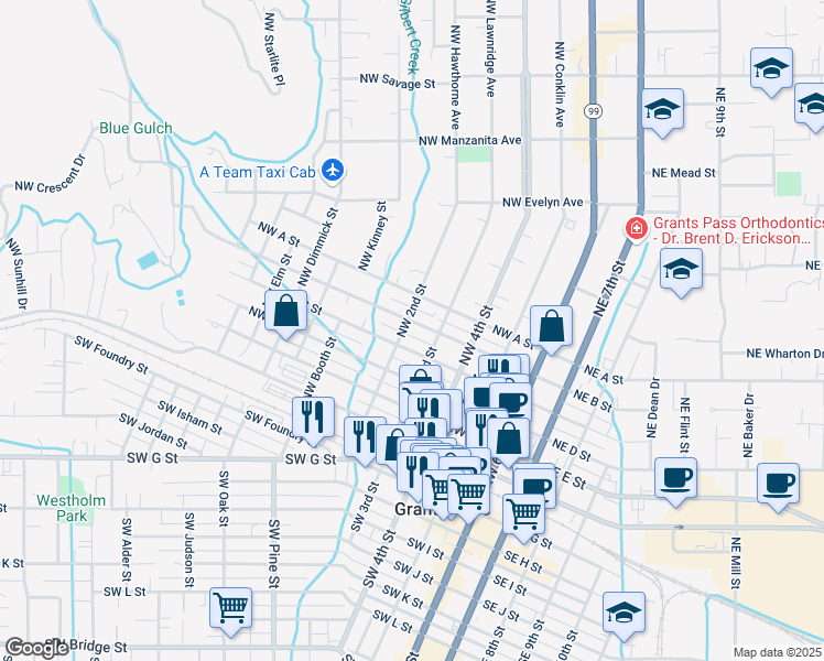 map of restaurants, bars, coffee shops, grocery stores, and more near 421 Northwest B Street in Grants Pass