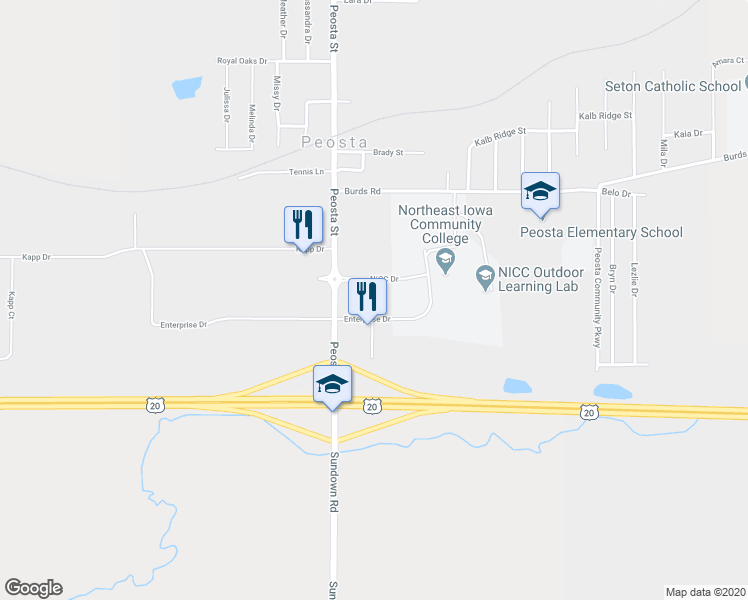 map of restaurants, bars, coffee shops, grocery stores, and more near 8400 NICC Drive in Peosta