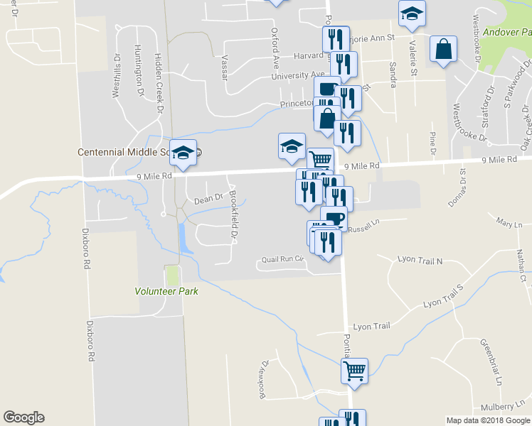 map of restaurants, bars, coffee shops, grocery stores, and more near 22329 Swan Street in South Lyon