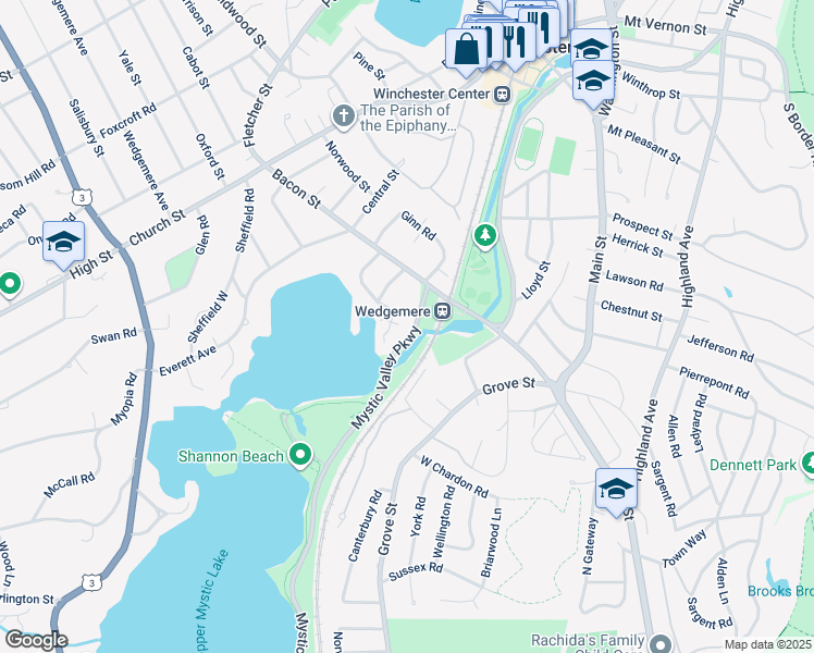 map of restaurants, bars, coffee shops, grocery stores, and more near 18 Mystic Valley Parkway in Winchester
