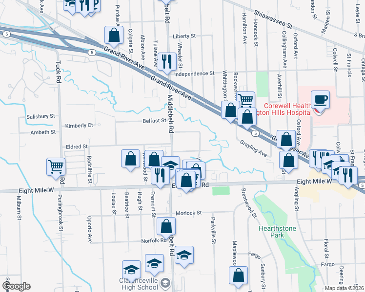 map of restaurants, bars, coffee shops, grocery stores, and more near 29342 Scotten Street in Farmington Hills