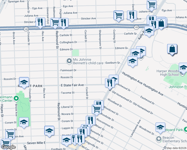 map of restaurants, bars, coffee shops, grocery stores, and more near 16453 Rossini Drive in Detroit