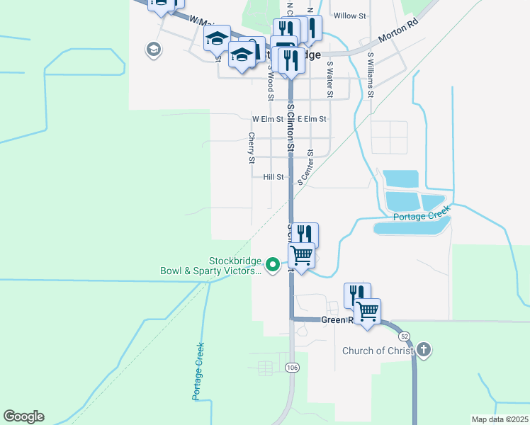 map of restaurants, bars, coffee shops, grocery stores, and more near 730 Wood Street in Stockbridge