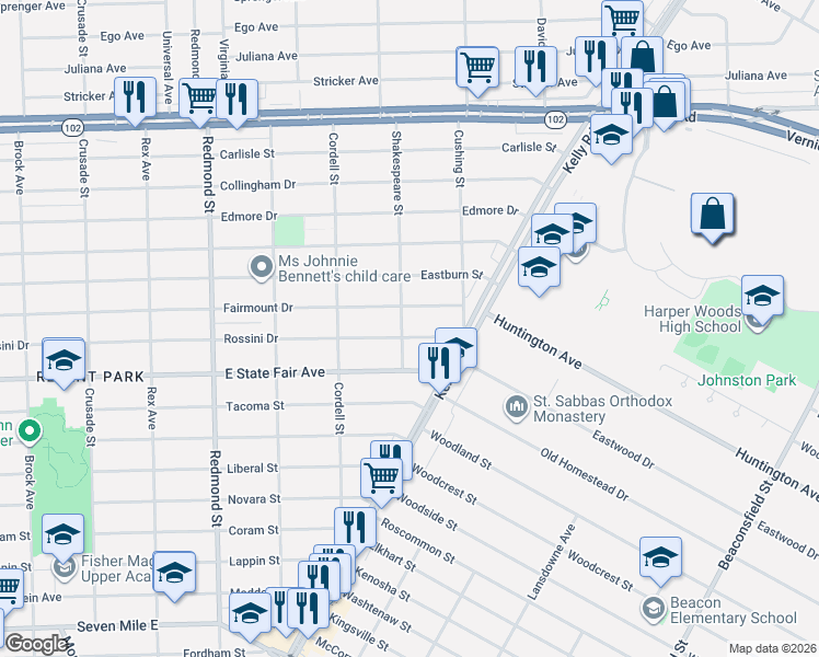 map of restaurants, bars, coffee shops, grocery stores, and more near 16605 Rossini Dr in Detroit