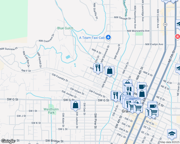 map of restaurants, bars, coffee shops, grocery stores, and more near 304 Northwest Elm Street in Grants Pass