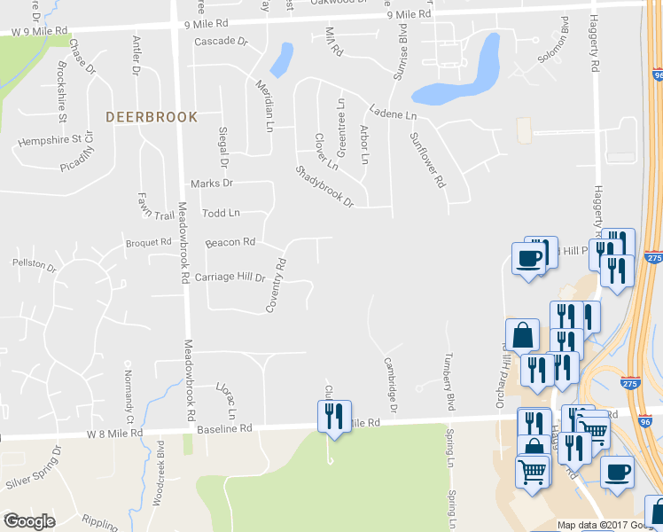 map of restaurants, bars, coffee shops, grocery stores, and more near 21554 Purlingbrook Road in Novi