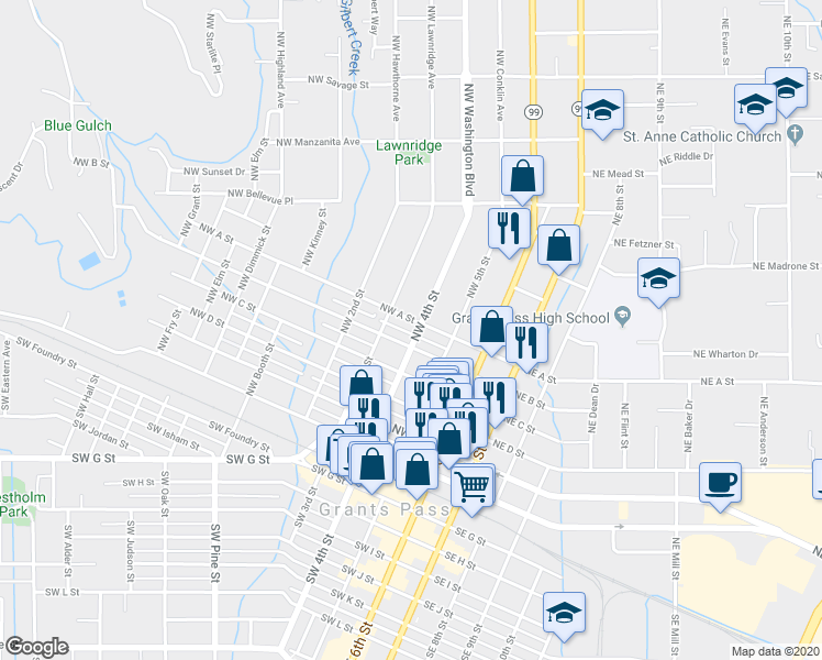 map of restaurants, bars, coffee shops, grocery stores, and more near 610 Northwest 4th Street in Grants Pass