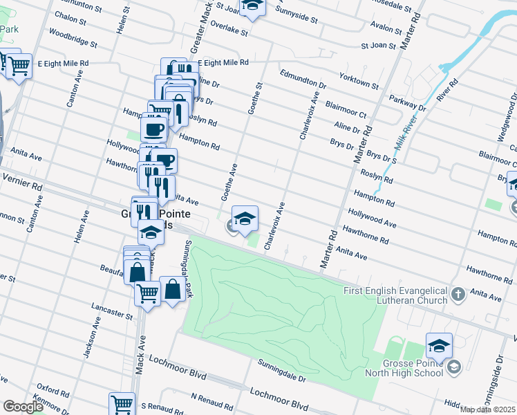 map of restaurants, bars, coffee shops, grocery stores, and more near 1555 Hawthorne Road in Grosse Pointe Woods