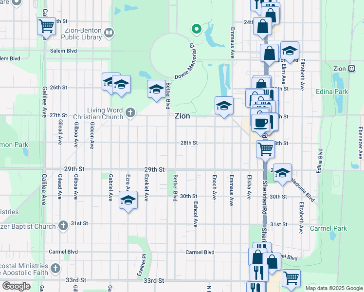 map of restaurants, bars, coffee shops, grocery stores, and more near 2802 Eshcol Avenue in Zion