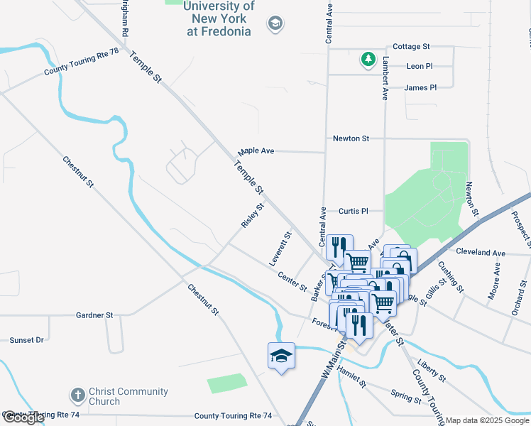 map of restaurants, bars, coffee shops, grocery stores, and more near 12 Risley Street in Fredonia