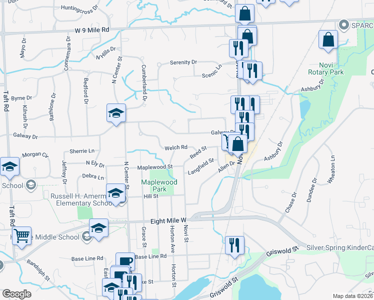 map of restaurants, bars, coffee shops, grocery stores, and more near 523 Reed Street in Northville