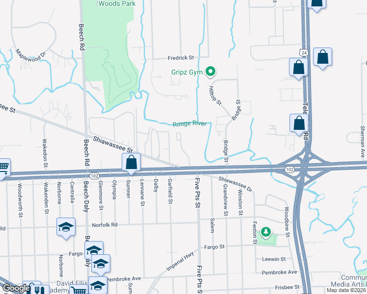 map of restaurants, bars, coffee shops, grocery stores, and more near 25112 Shiawassee Circle in Southfield