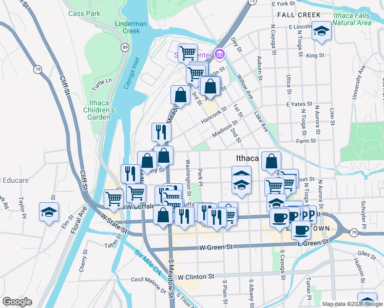 map of restaurants, bars, coffee shops, grocery stores, and more near 316 Park Place in Ithaca