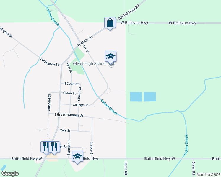 map of restaurants, bars, coffee shops, grocery stores, and more near 255 1st Street in Olivet
