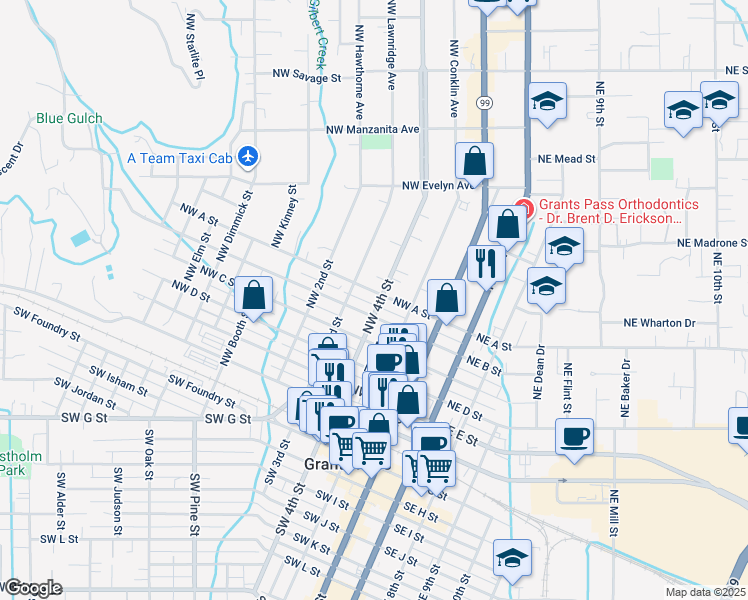 map of restaurants, bars, coffee shops, grocery stores, and more near 611 Northwest 4th Street in Grants Pass