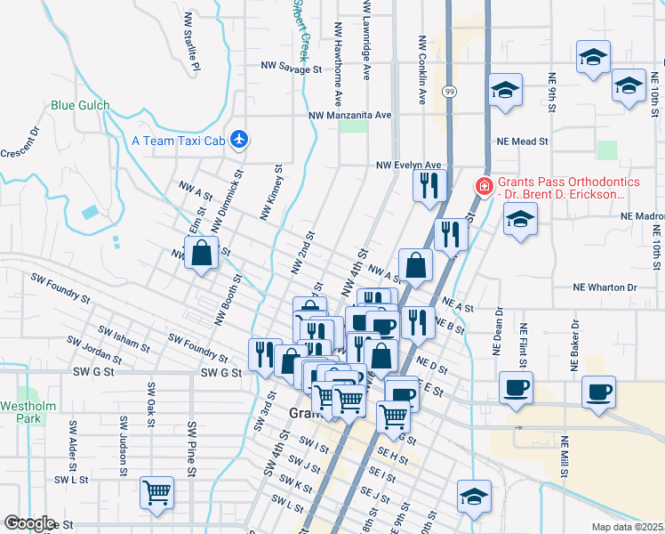 map of restaurants, bars, coffee shops, grocery stores, and more near 320 Northwest B Street in Grants Pass
