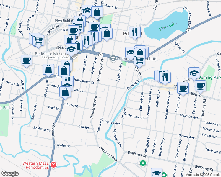 map of restaurants, bars, coffee shops, grocery stores, and more near 132 East Housatonic Street in Pittsfield