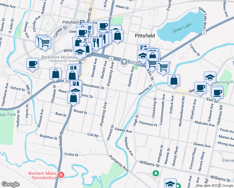 map of restaurants, bars, coffee shops, grocery stores, and more near 21 Whitehead Place in Pittsfield