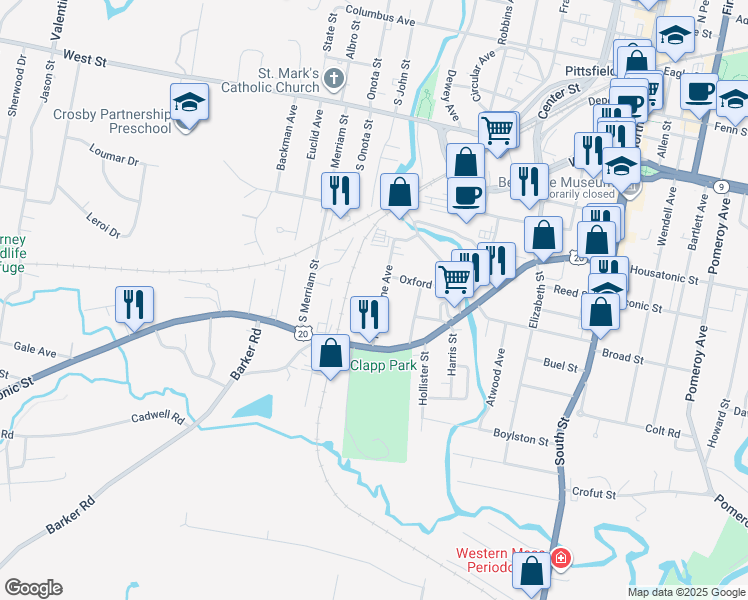 map of restaurants, bars, coffee shops, grocery stores, and more near 40 Hawthorne Avenue in Pittsfield