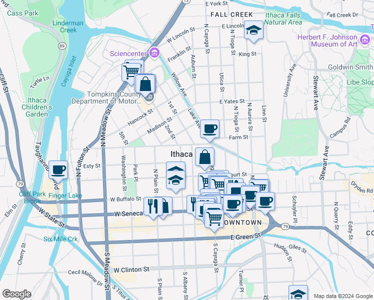 map of restaurants, bars, coffee shops, grocery stores, and more near in Ithaca