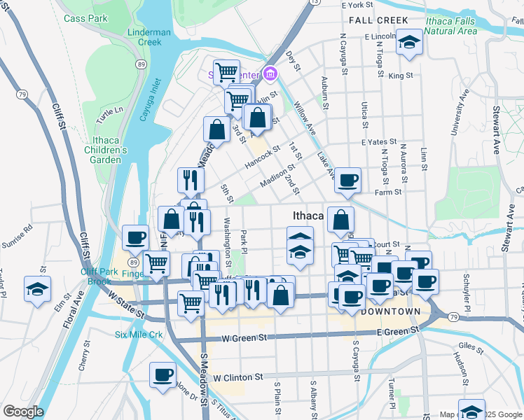 map of restaurants, bars, coffee shops, grocery stores, and more near 514 North Plain Street in Ithaca