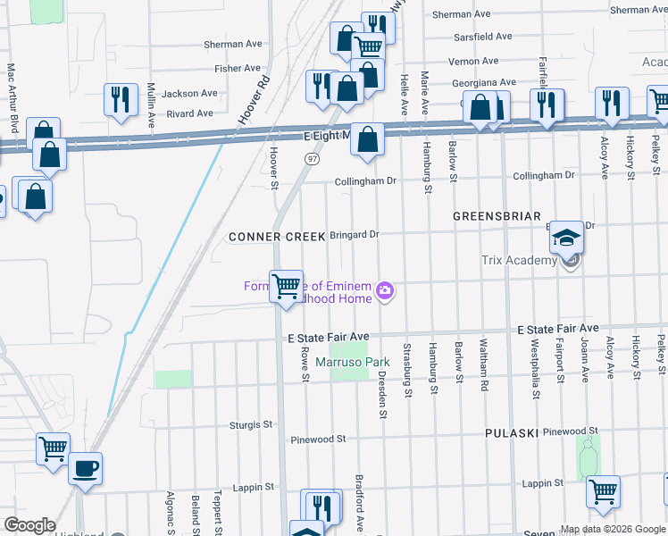 map of restaurants, bars, coffee shops, grocery stores, and more near 20026 Annott Avenue in Detroit