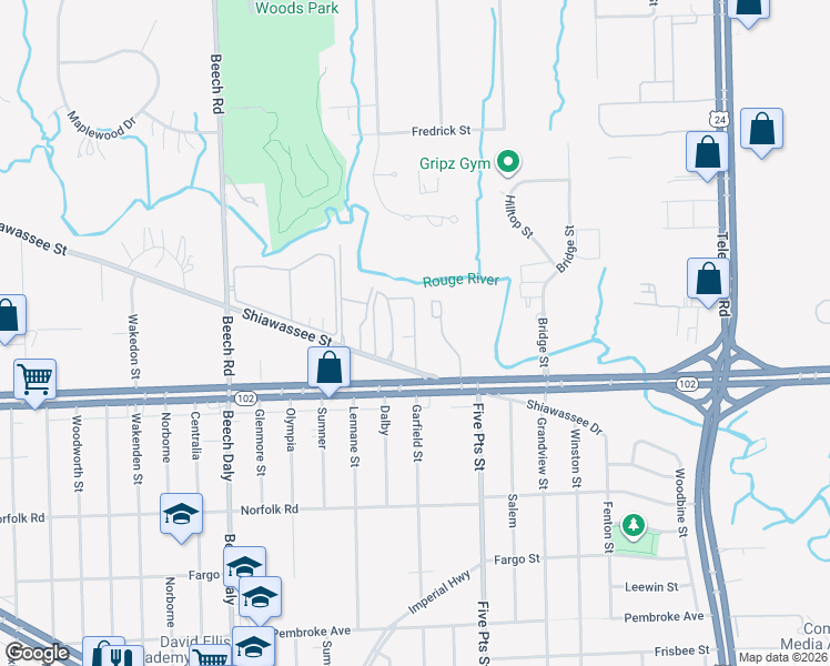 map of restaurants, bars, coffee shops, grocery stores, and more near 25368 Shiawassee Circle in Southfield
