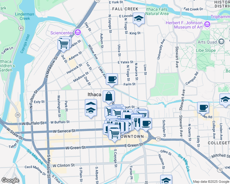 map of restaurants, bars, coffee shops, grocery stores, and more near 425 North Cayuga Street in Ithaca