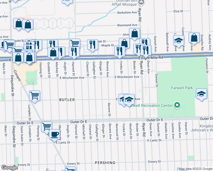 map of restaurants, bars, coffee shops, grocery stores, and more near 20188 Revere Street in Detroit