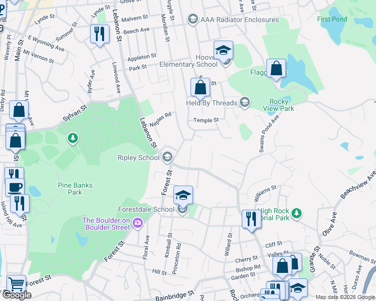 map of restaurants, bars, coffee shops, grocery stores, and more near 28 North Mountain Avenue in Melrose
