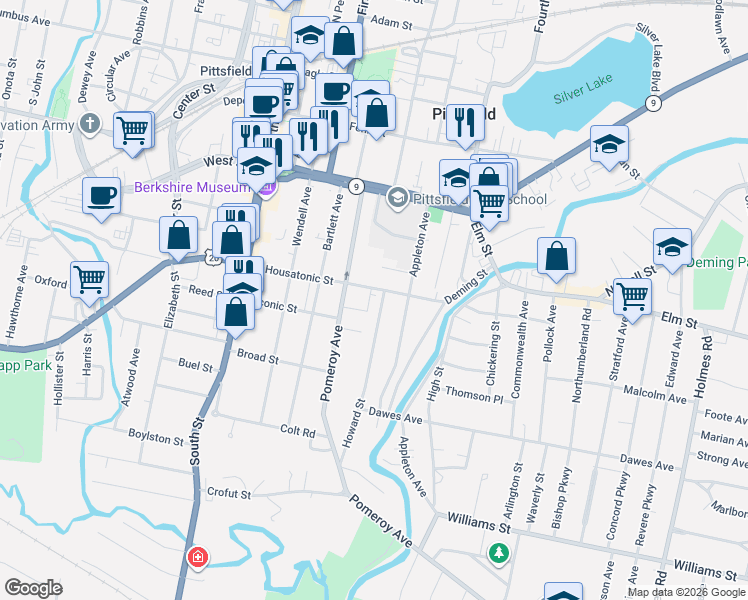 map of restaurants, bars, coffee shops, grocery stores, and more near 21 Whitehead Place in Pittsfield