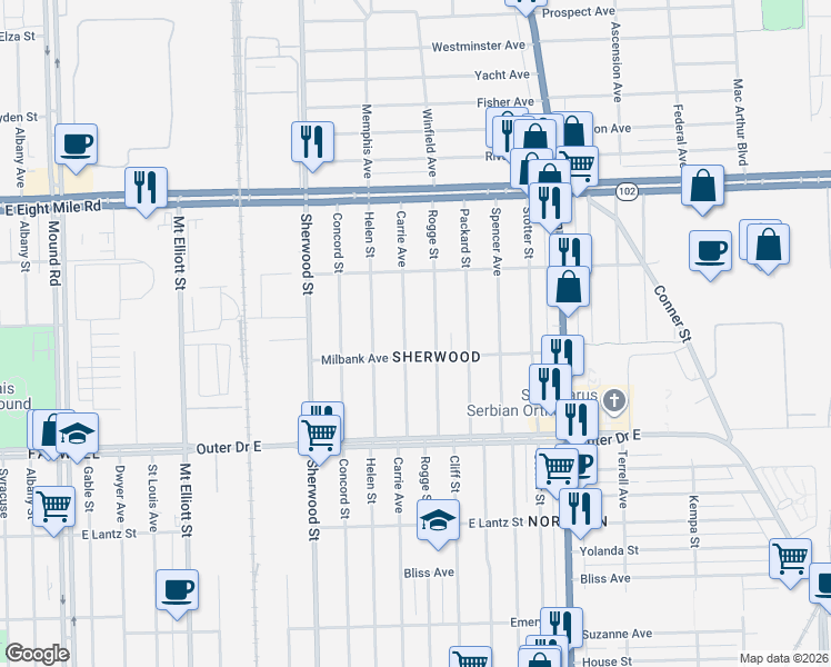 map of restaurants, bars, coffee shops, grocery stores, and more near 20127 Carrie Street in Detroit