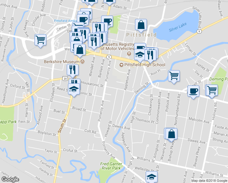 map of restaurants, bars, coffee shops, grocery stores, and more near 21 Whitehead Place in Pittsfield