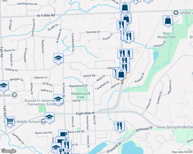 map of restaurants, bars, coffee shops, grocery stores, and more near 523 Reed Street in Northville