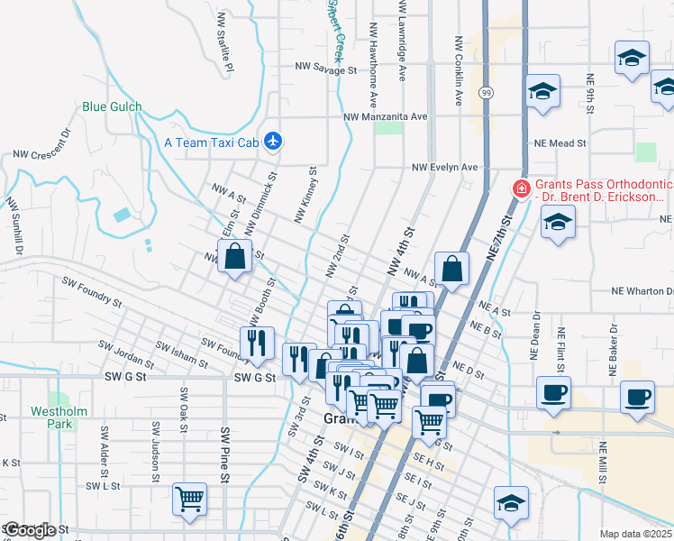 map of restaurants, bars, coffee shops, grocery stores, and more near 421 Northwest B Street in Grants Pass