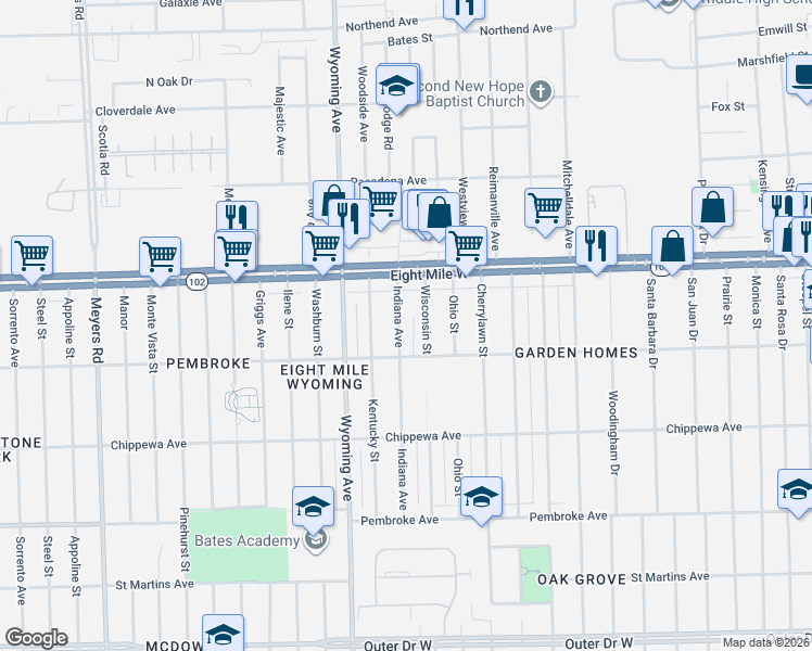 map of restaurants, bars, coffee shops, grocery stores, and more near 20445 Wisconsin Street in Detroit